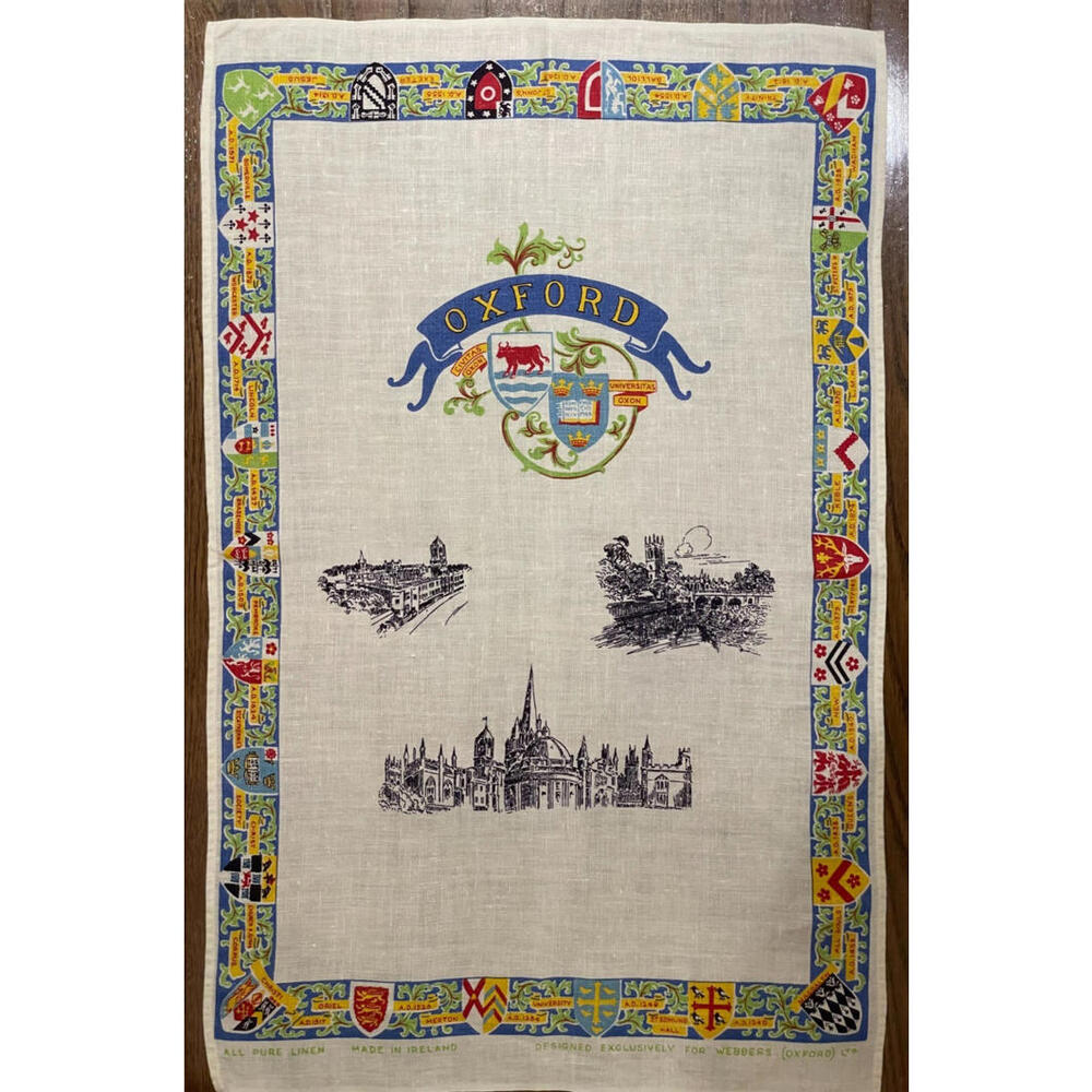 SOLD: Vintage Oxford University Irish Linen Tea Towel Webbers 20 x 32 Inch